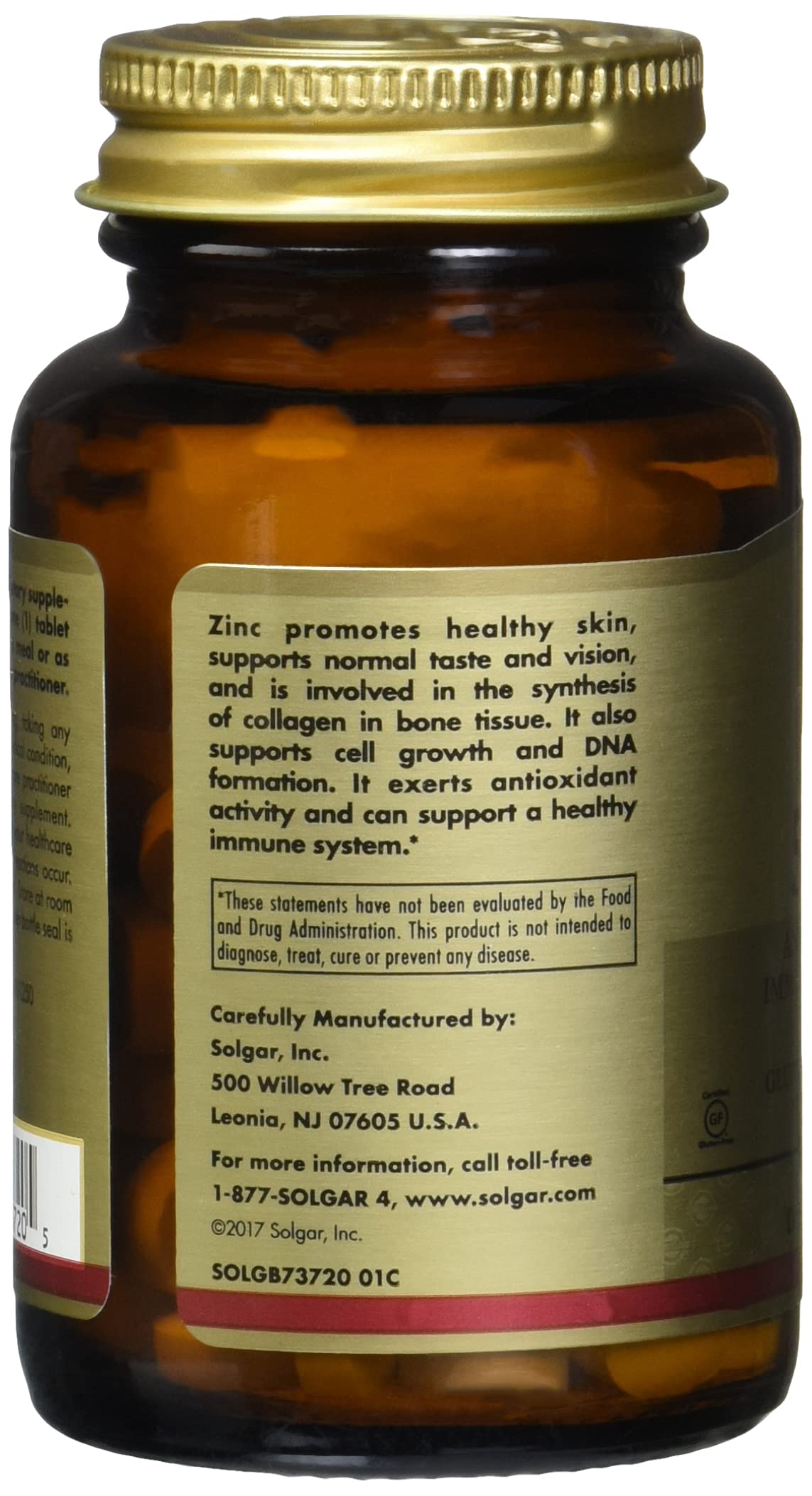 Solgar zinc tablets 50mg amber glass bottle with gold cap and ingredient label