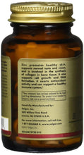 Solgar Zinc 50 mg supplement bottle with description and directions panel