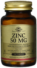 Solgar Zinc 50 mg supplement bottle with front label, 100 tablets