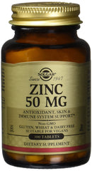 Solgar zinc tablets 50mg amber glass bottle with gold label Zinc 50 MG dietary supplement 100 tablets