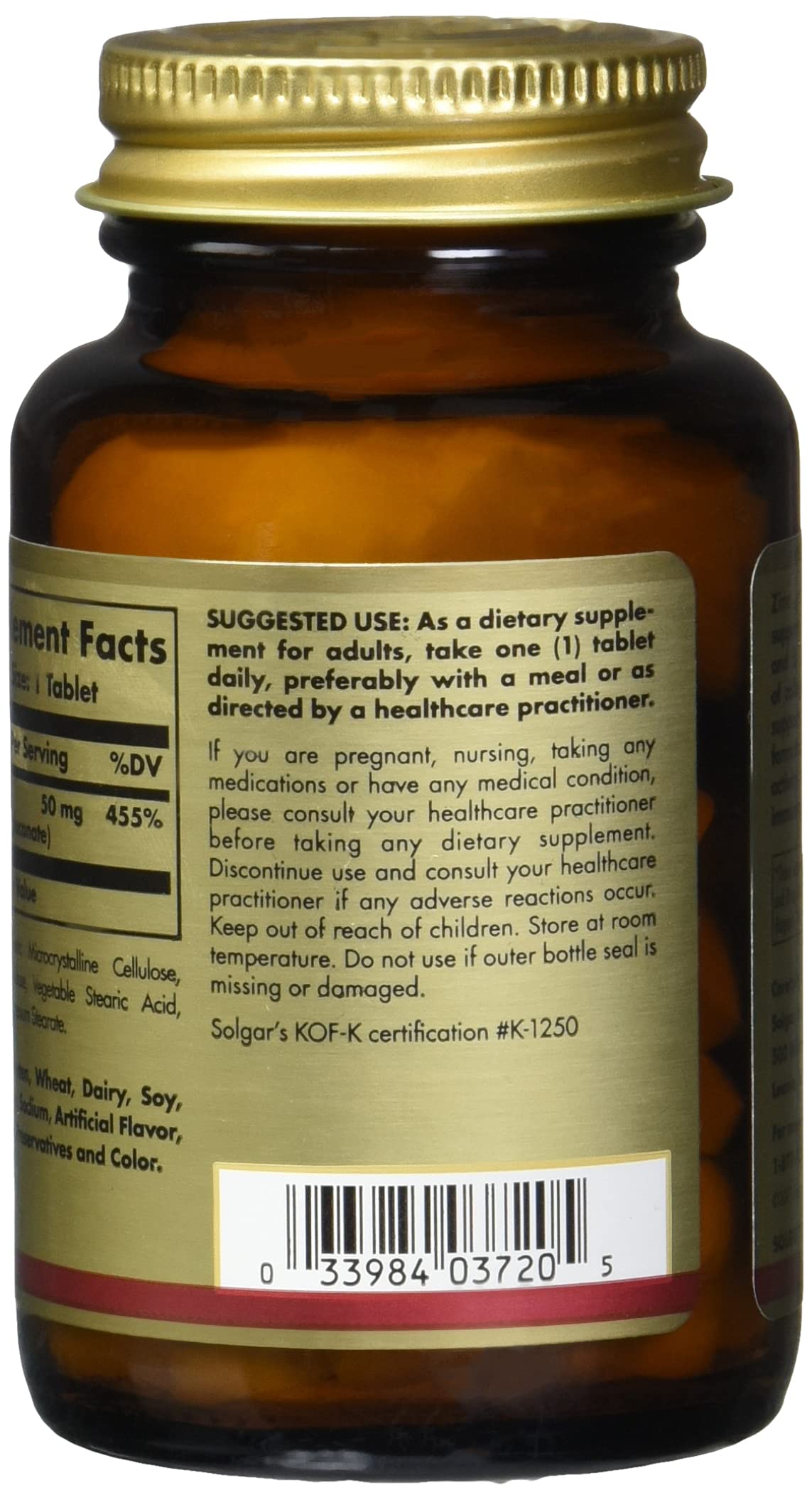 Solgar zinc tablets 50mg amber glass bottle with gold cap showing back label and barcode