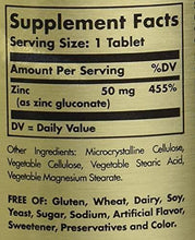 Solgar Zinc 50 mg Supplement Facts label, serving size 1 tablet