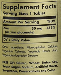 Solgar zinc tablets 50mg supplement facts label showing 50 mg zinc per tablet and free of common allergens