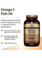 Omega 3 fish oil supplement bottle with benefits text panel