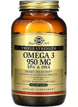 Omega-3 fish oil supplement bottle, triple strength, 950 mg, 100 softgels