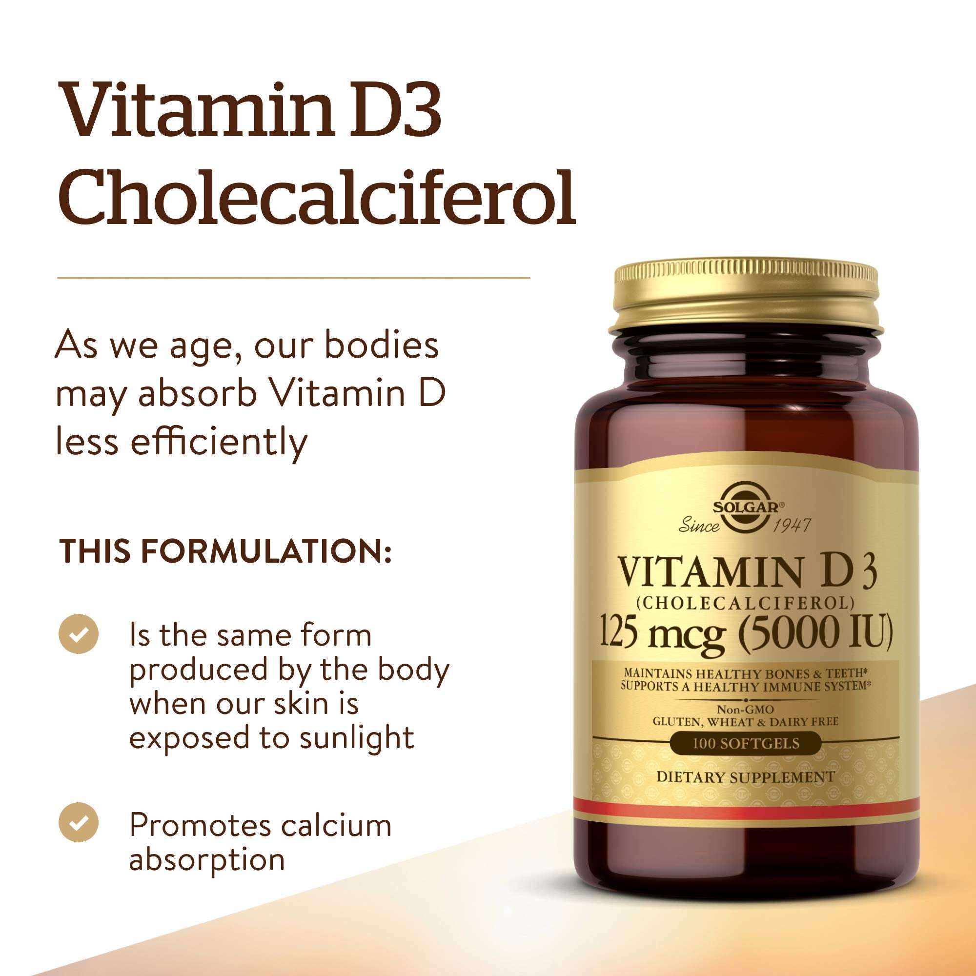 Solgar bottle of Vitamin D3 5000 IU supplement softgels with cholecalciferol label and dosage info