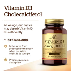 Solgar bottle of Vitamin D3 5000 IU supplement softgels with cholecalciferol label and dosage info