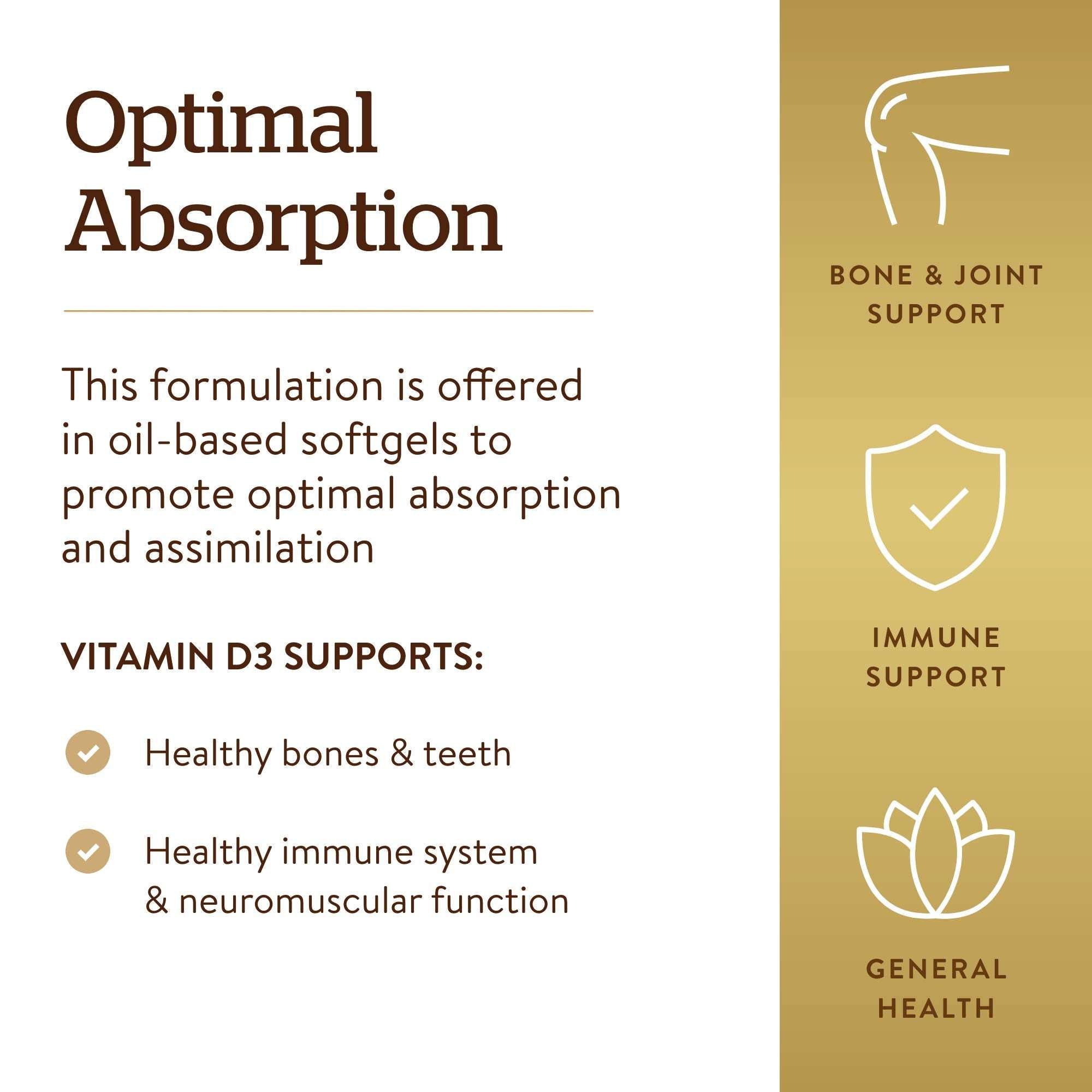 Solgar oil based softgels for Vitamin D3 5000 IU supplement supporting healthy bones teeth and immune function