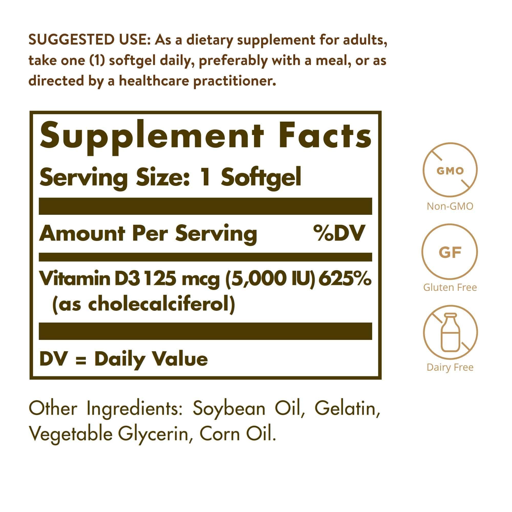 Solgar Vitamin D3 Cholecalciferol 5000 IU | 100 Softgels | Maintains Healthy Bones & Teeth | Supports Immune System | Non-GMO, Gluten, Wheat & Dairy Free