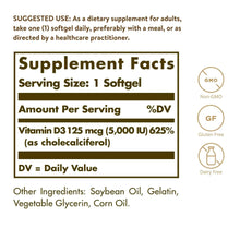 Supplement facts label showing Vitamin D3 125 mcg (5,000 IU) per softgel