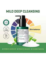 Green bubble cleanser bottle with black pump and cleansing benefits icons