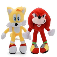 Sonic-inspired plush hedgehog pair: yellow and red standing toys