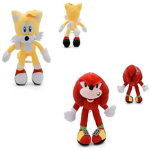 Sonic-inspired plush hedgehog figures: yellow and red in multiple poses
