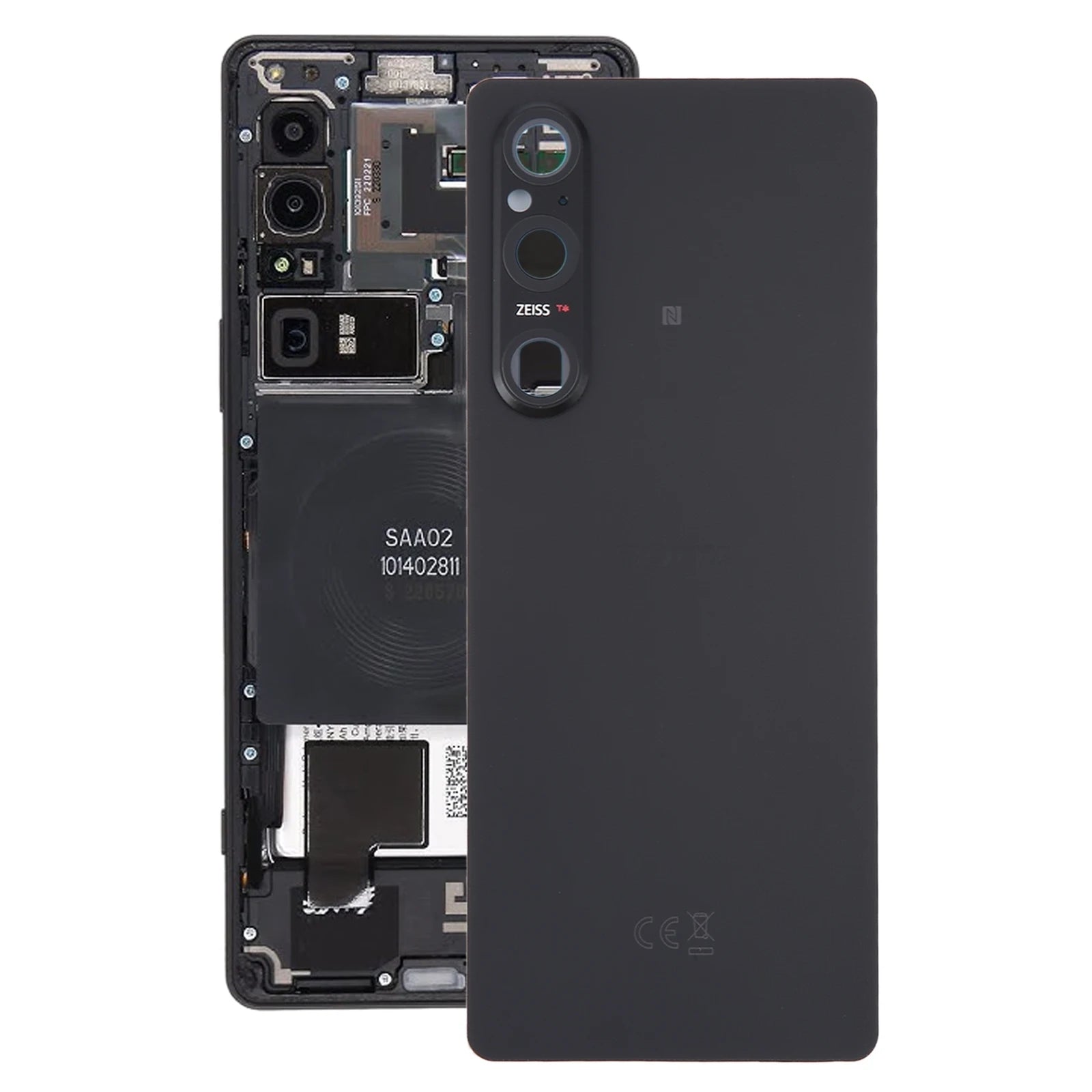 Sony Xperia 1 V battery back cover replacement matte black rear panel shown next to phone internals