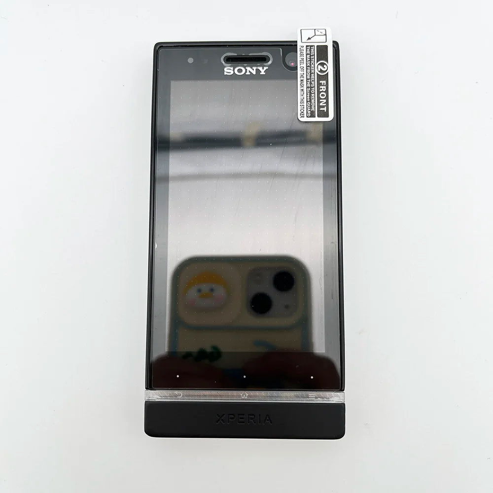 Sony Xperia U ST25i unlocked smartphone front view black screen with protective sticker and Xperia logo