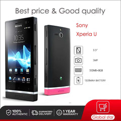 Sony Xperia U ST25i unlocked smartphone showing front and back views black body with pink accent 3.5 inch display