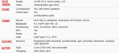 Sony Xperia XZ1 unlocked smartphone specification table showing camera sound comms features and battery details