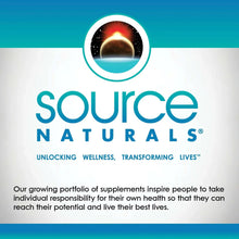 Source Naturals wellness supplement text panel with logo and teal slogan lines