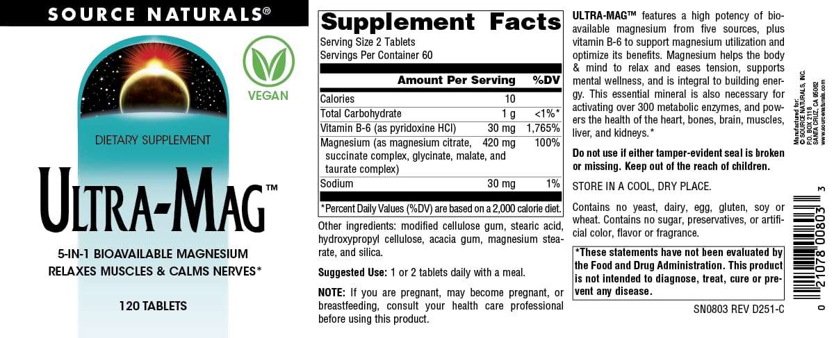 Source Naturals Ultra-Mag Bioavailable Magnesium Supplement for Muscle Relaxation in 120 Tablets