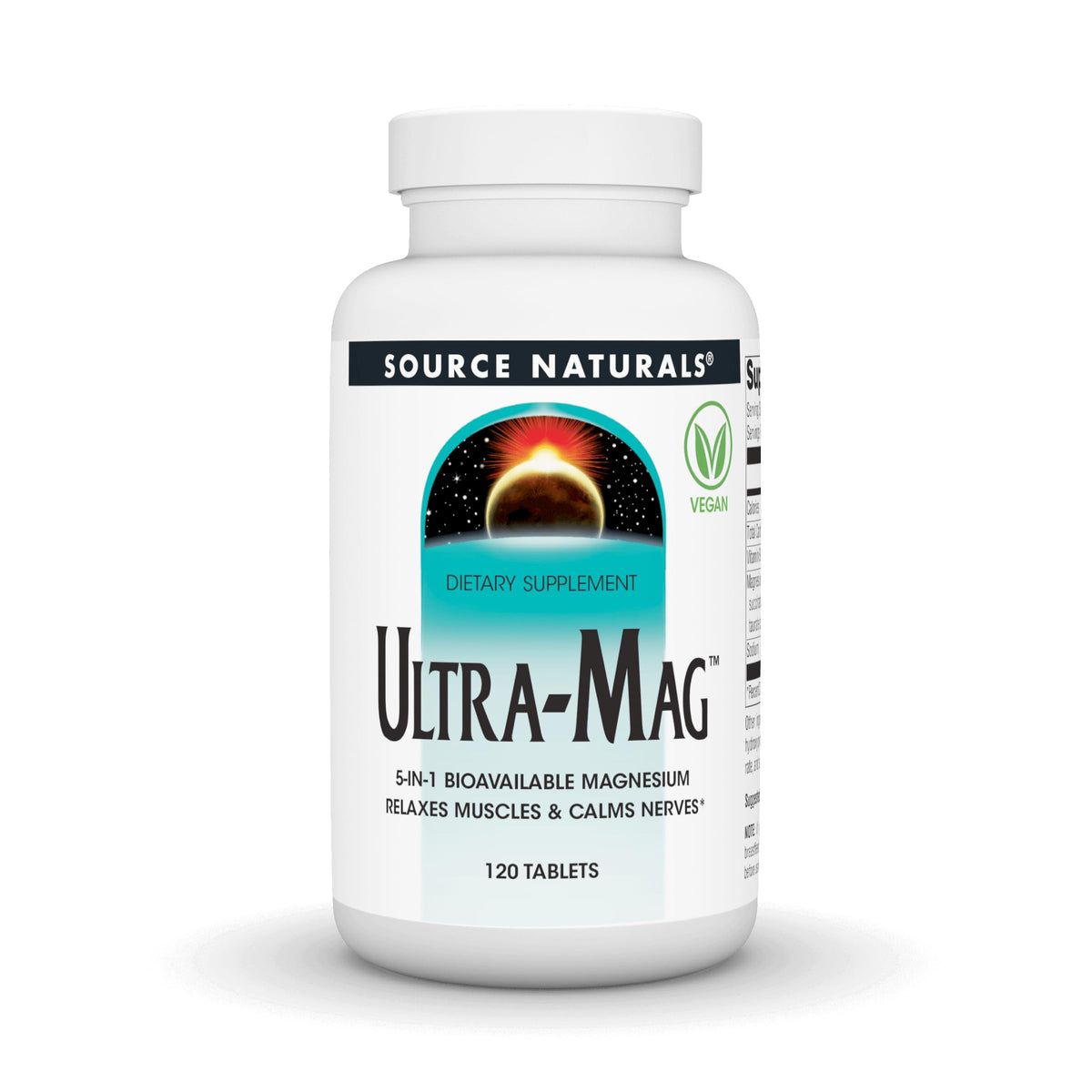 Source Naturals Ultra-Mag Magnesium Supplement for muscle relaxation in a bottle with 120 vegan tablets