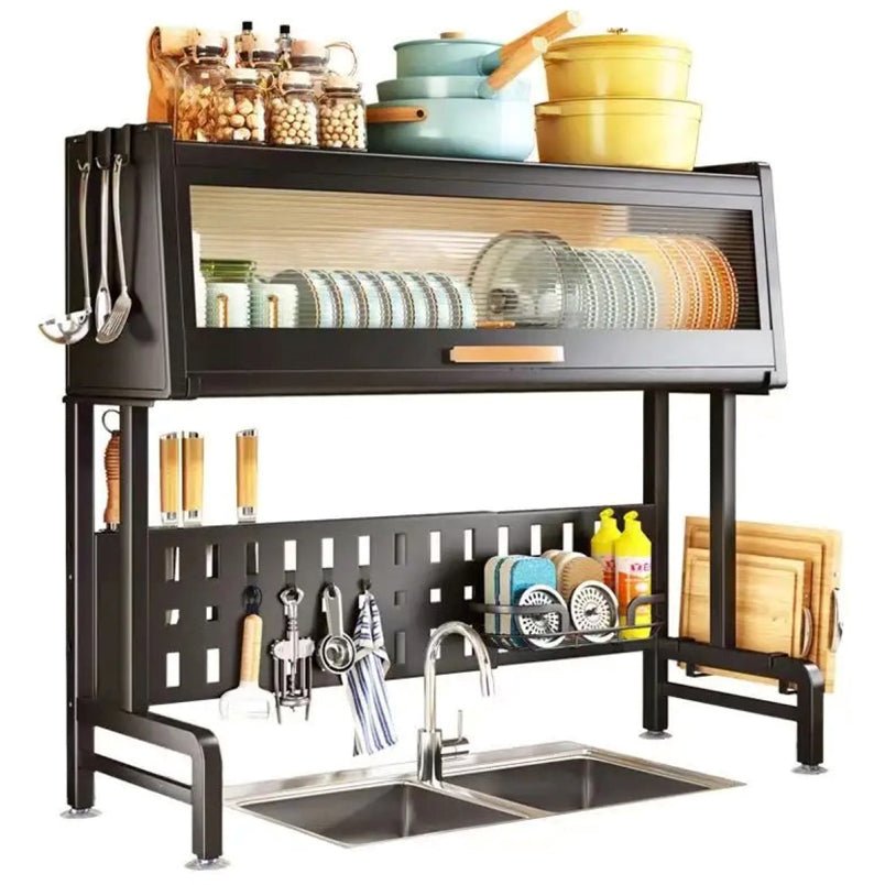 Huitich black space saving kitchen sink rack with upper storage and utensil hooks over double sink