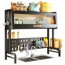 Black kitchen sink rack with pull-down dish drying rack and plate storage shelf