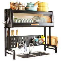 Huitich black space saving kitchen sink rack with upper storage and utensil hooks over double sink