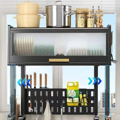 Huitich space saving kitchen sink rack with overhead storage, knife holder, and cleaning supply organizer