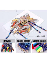 Blue space drawing set with colored pencils, crayons, and sketch crayons for kids