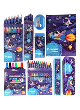 Kids blue space stationery set open layout with colored pencils, crayons, markers, ruler
