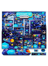 Kids blue space stationery set with pencils, crayons, markers, eraser, sharpener