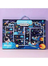 Kids blue space stationery set box with space-themed stationery and penguin design