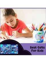 Kids blue space stationery set with child drawing supplies and stationery box visible