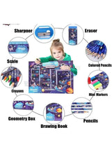 Kids blue space stationery set accessories: sharpener, eraser, colored pencils, markers, crayons