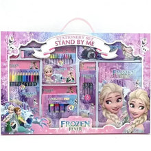 Children's stationery set box with handle, includes colored pencils, markers, crayons