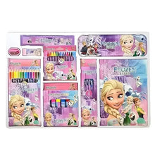 Children's writing kit in purple plastic case with colored pencils, markers, crayons