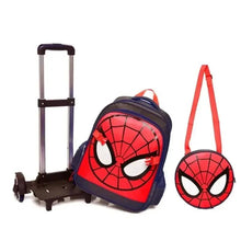 Kids rolling backpack with navy body, red web spider face, telescoping handle and wheels