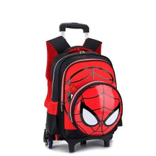 Boys wheeled backpack with black and red spider face graphic, front zipper pocket