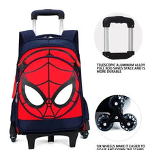 Spider-themed wheeled backpack for boys, navy shell with red web graphic, six wheels
