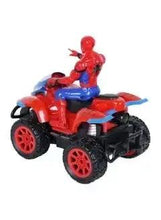 Remote control Spider-Man toy car rear view, red body with blue details and red-rim wheels