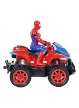 Remote control Spider-Man toy quad car with red and blue body and large black red wheels
