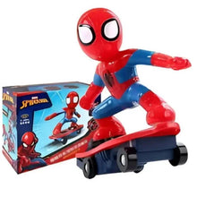 Spider-man remote control skateboard toy with red-and-blue figure on dark board