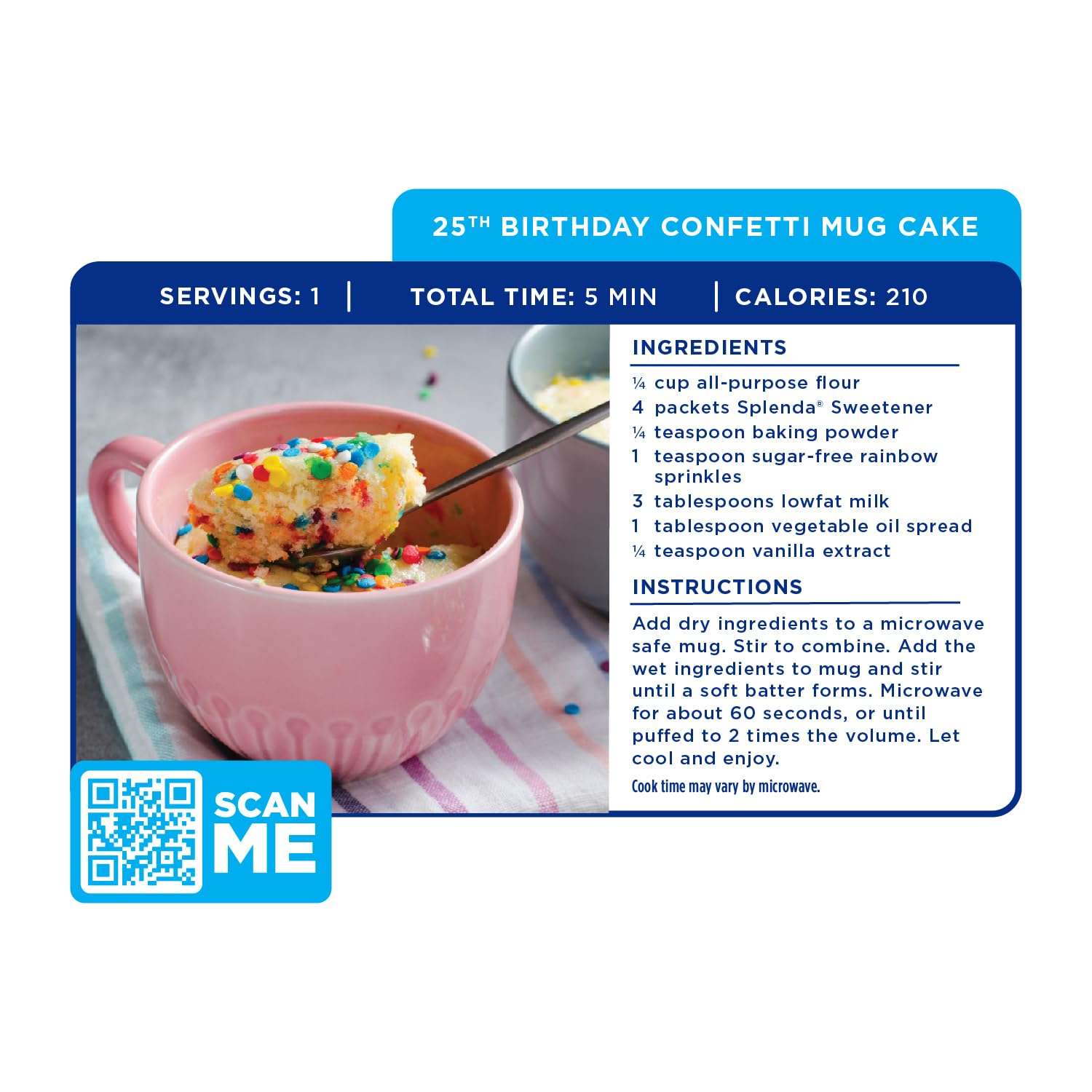 25th birthday confetti mug cake in pink mug with spoon and recipe card listing Splenda no calorie sweetener packets