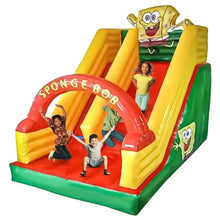 Inflatable SpongeBob bouncy castle with front red slide, three kids on the mat