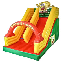 Inflatable SpongeBob bouncy castle with red arch slide and yellow side walls