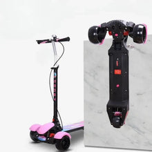 3-wheel electric scooter with pink deck and seat, black body, front wheel lights