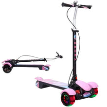 3-wheel electric scooter, pink seat and deck, black frame, front LED wheels, rear bar