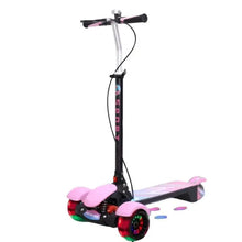 3-wheel electric toddler scooter with pink deck, pink handlebars, black frame, LED wheels