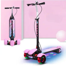 3-wheel electric scooter, pink seat and deck, black column, colorful light wheels