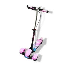 3-wheel electric scooter with pink foot deck, black frame, pink wheel hubs, handlebar